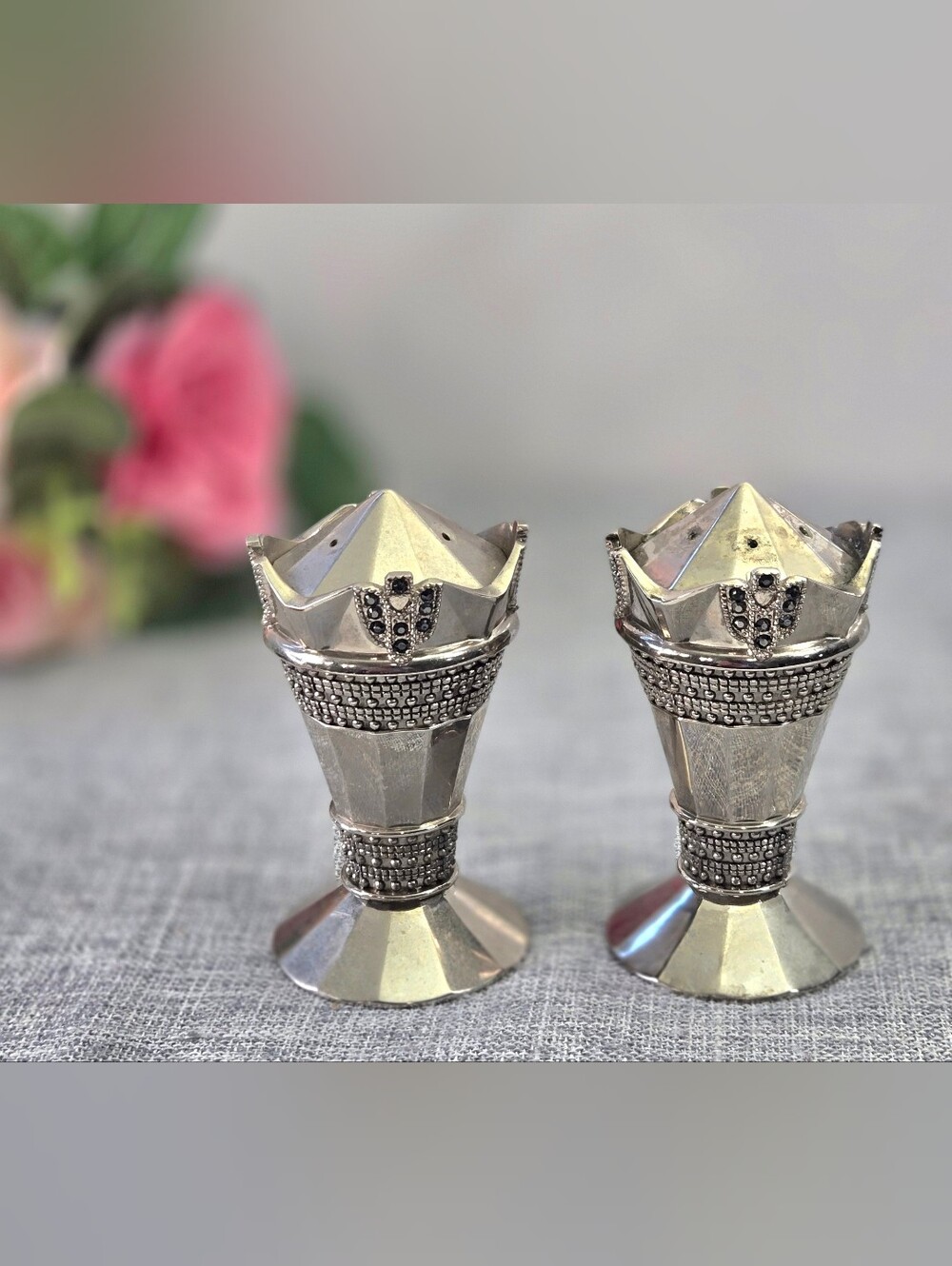 Vintage Wallace Crown Salt & Pepper Shakers Silverplate Rhinestone Mid Century
